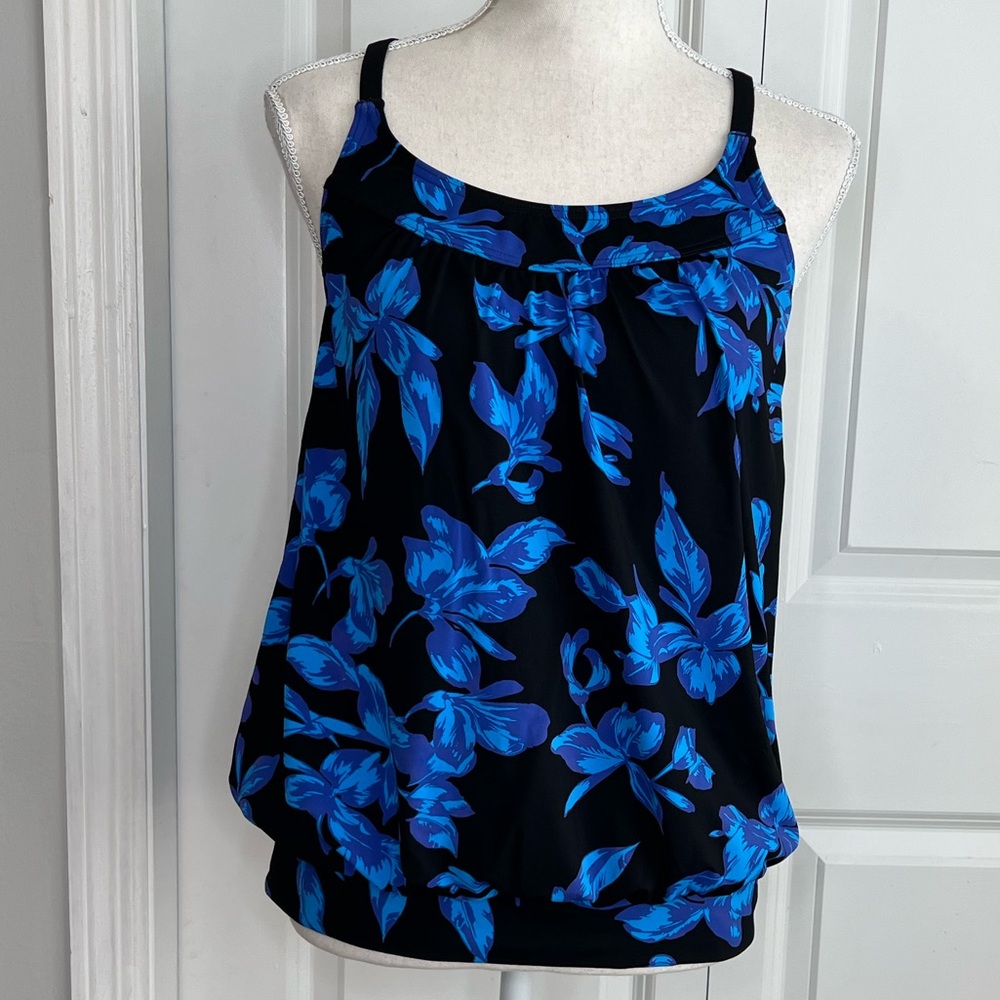 Lands’ End Blue Black Floral Blouson Racerback Tankini Swimsuit Top 8 Shelf Bra - Picture 12 of 12